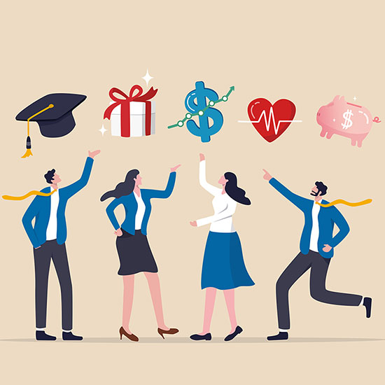 Mit diesen 6 Gehaltsextras Mitarbeiter:innen entlasten und Steuern sparen Illustration von Menschen mit Geschenken