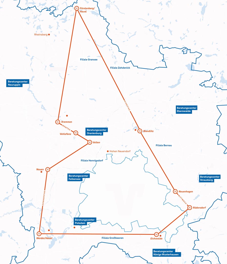 Route des Bank Busses Grafische Darstellung der Route unseres Bankbusses